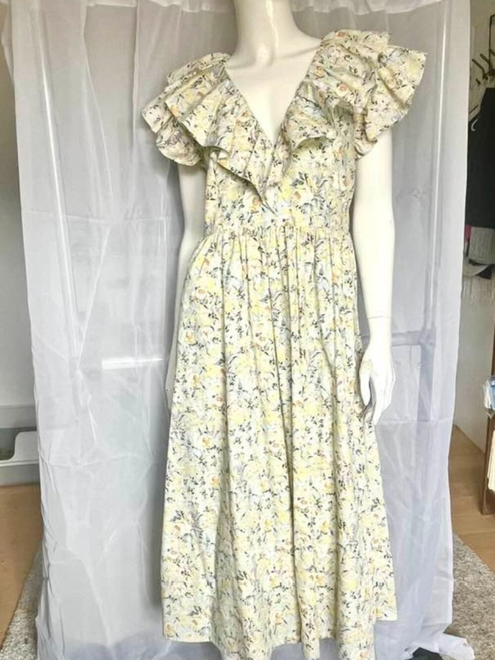 o.p.t. Yellow Floral Ruffle Cotton Midi Dress M